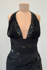 Versace Fall 2006 Black Silk & Sequin Plunge Dress - 14-14.5" W