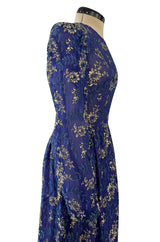1970s Lanvin by Jules-Francois Crahay Demi-Couture Metallic Gold Detailing Blue Dress