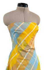 Beautiful Late 1980s Pierre Balmain Pastel Blue & Yellow Feather Light Strapless Silk Dress w Full Skirt