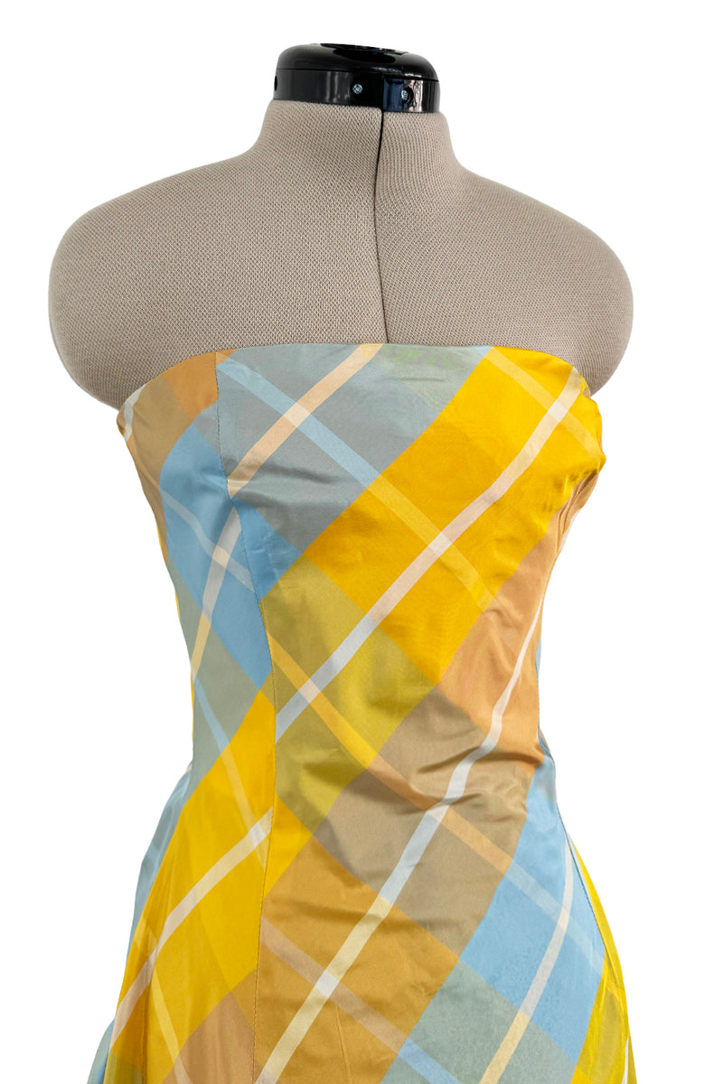 Beautiful Late 1980s Pierre Balmain Pastel Blue & Yellow Feather Light Strapless Silk Dress w Full Skirt