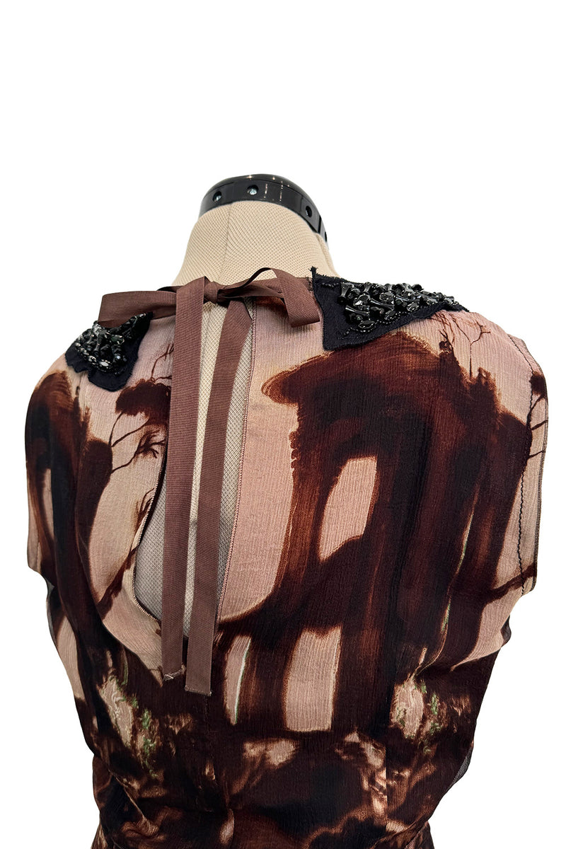 Prettiest Fall 2004 Prada Runway & Ad Campaign Print Silk Chiffon Dress w Beaded Detailing