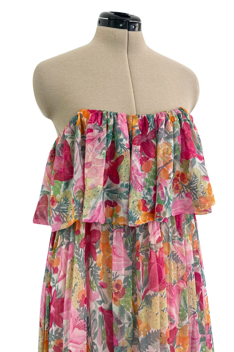 Important Spring 1978 Christian Dior by Marc Bohan Prettiest Pink Floral Silk Chiffon Strapless Dress