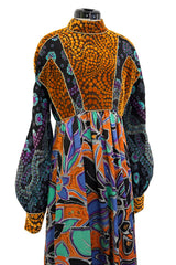 Spectacular 1970s Ronald Amey Demi-Couture Printed Silk, Silk Chiffon & Cut Velvet Dress