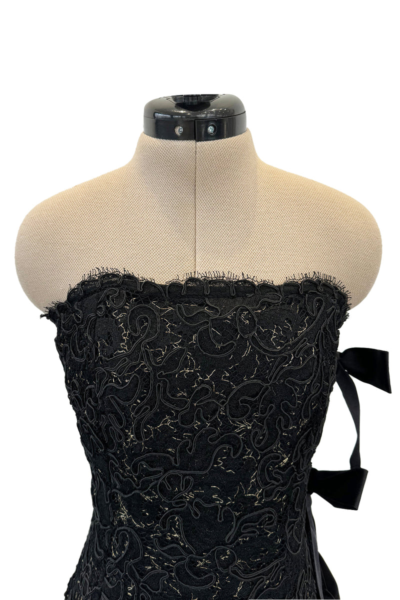 Fall 1998 Yves Saint Laurent Black Strapless Gold & Black Cord Dress w Side Bows