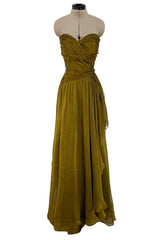 Fall 1989 Oscar de la Renta Iridescent Green Gold Silk Chiffon Strapless Dress w Matching Cape