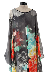 1970s Hanae Mori Silk Twill & Chiffon Caped Overlay Caftan Dress