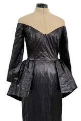 Glamourous 1980s Loris Azzaro Black Off Shoulder Leather Look Dress w Hip Peplum