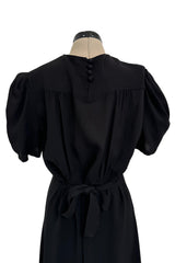 Gorgeous 1940s Unlabeled Black Crepe Dress w 3D Floral Detailed Bright Red Bow Appliques