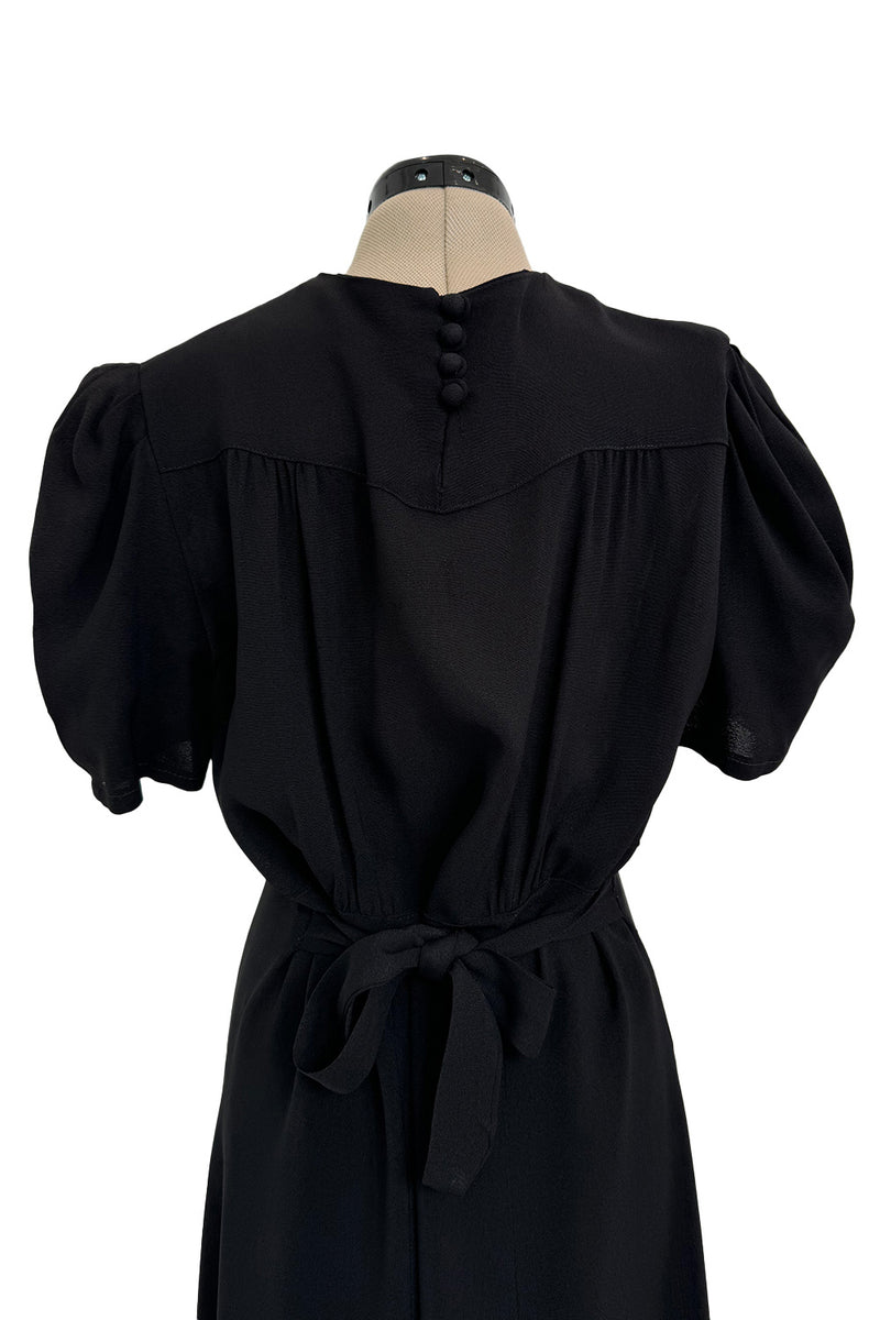 Gorgeous 1940s Unlabeled Black Crepe Dress w 3D Floral Detailed Bright Red Bow Appliques