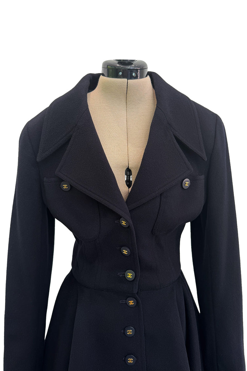 Amazing Fall 1994 Chanel by Karl Lagerfeld Runway Look 20 Deep Blue Black Cashmere Flare Jacket