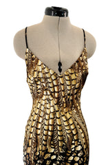 Gorgeous Spring 2005 Roberto Cavalli Black & Gold Feather Print Bias Cut Silk Dress w Open Criss Cross Back