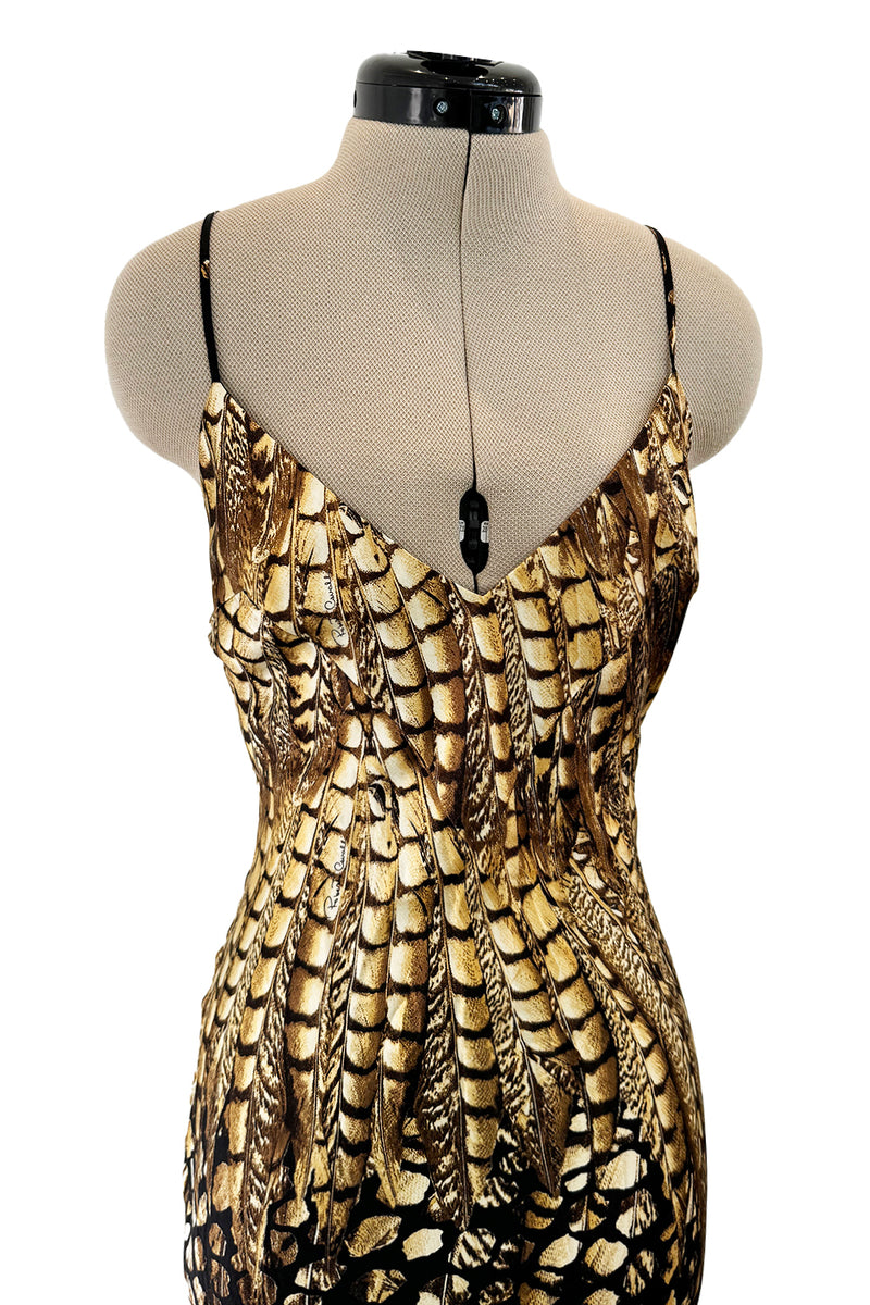Gorgeous Spring 2005 Roberto Cavalli Black & Gold Feather Print Bias Cut Silk Dress w Open Criss Cross Back