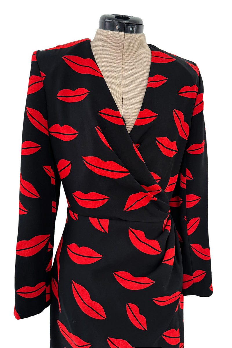 Iconic Spring 2014 Saint Laurent by Heidi Slimane Black & Red Lip Print Silk Wrap Dress
