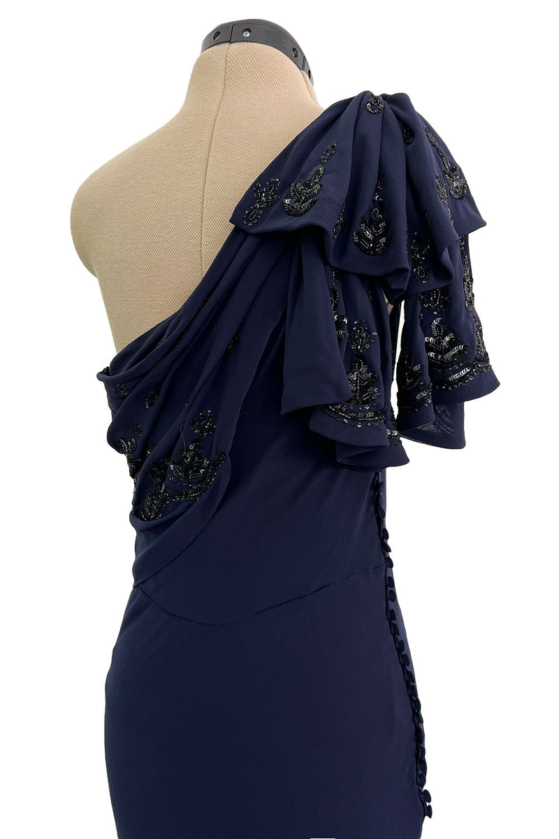 Spring 2008 Christian Dior by John Galliano Deep Blue Silk Chiffon One Shoulder Dress w Beading
