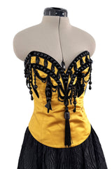 1987-1988 Christian Dior by Marc Bohan Textured Black Silk Skirt & Hand Beaded Corset Set