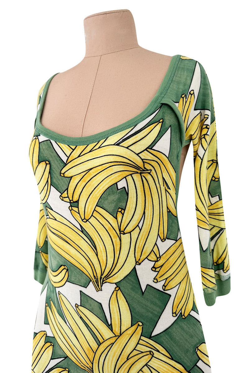 Iconic Spring 2004 Chloe by Phoebe Philo Runway Look 18 Banana Print Dress Side Cuts Outs