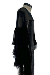Beautiful 1980s Louis Feraud Glossy Black Sequin Silk Chiffon Dress w Tiered & Ruffled Sleeves
