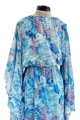 Dreamy 1970s Pierre Cardin Blue Floral Print Silk Chiffon Dress w Long Angel Sleeves