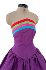 Fall 1982 Valentino by the Original Mr Valentino Purple Silk Strapless BubbleDress w Rainbow Detailing
