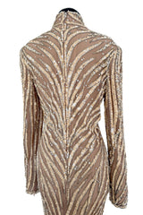 Incredible & Rare 1980s Bob Mackie Well Documented Ivory Sequin & Nude Stretch Net High Slit Dress