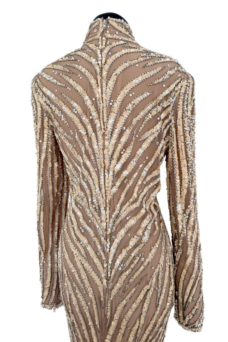 Incredible & Rare 1980s Bob Mackie Well Documented Ivory Sequin & Nude Stretch Net High Slit Dress
