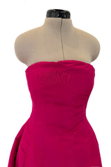 Gorgeous 1980s Oscar de la Renta Deep Fuchsia Pink Silk Strapless Silk Dress w Full Skirt