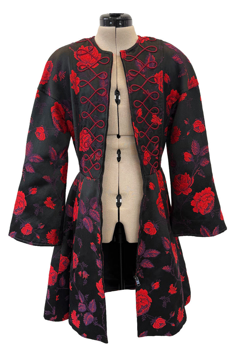 2000s Christian Lacroix Red Floral Brocade Dress or Jacket w Cording Detail