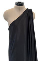 Original 1978 Halston Couture Main Label Black Jersey One Shoulder Draped Full Length Maxi Dress