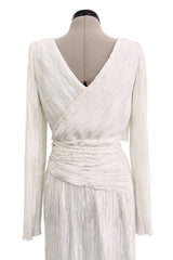 Stunning 1970s-80s Mary McFadden Couture White Pleated Dress w Attached Braided Belt