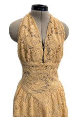 1970s Lanvin by Jules-Francois Crahay Couture Deep Yellow Lace Halter Dress w Wide Band at the Waist