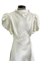 Beautiful 1930s Ivory Silky Rayon Wedding Gown w Train, Puffed Cap Sleeves & Romantic Rosette Detailing