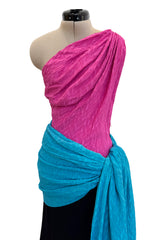 Iconic Spring 1985 Yves Saint Laurent Runway Pink & Black One Shoulder Dress w Blue Swag