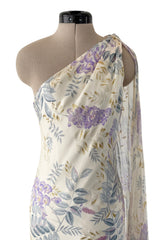 Gorgeous Fall 2003 Ungaro by Giambattista Valli One Shoulder Printed Silk Chiffon Dress w Trailing Panel