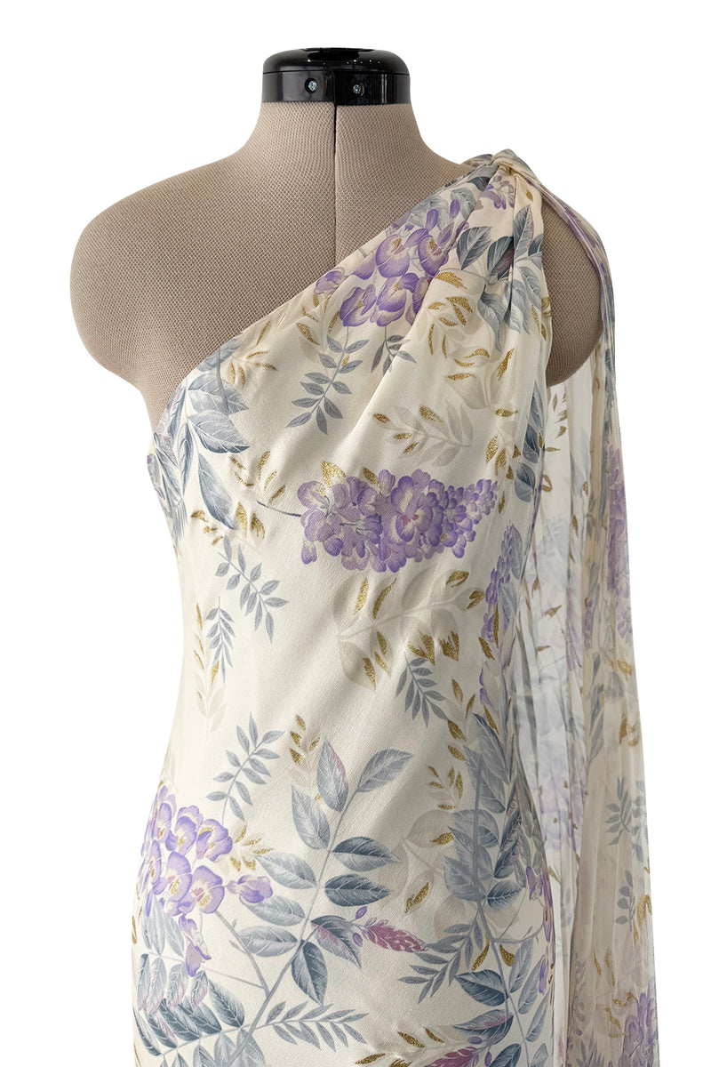 Gorgeous Fall 2003 Ungaro by Giambattista Valli One Shoulder Printed Silk Chiffon Dress w Trailing Panel