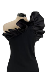 Fabulous 1980s Bill Blass One Shoulder Black Crepe Dress w High Taffeta Ruffle Detail