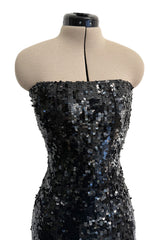 Fantastic 1980s Bob Mackie Strapless Glossy Black Sequin Stretch Dress w Back Kick Skirt