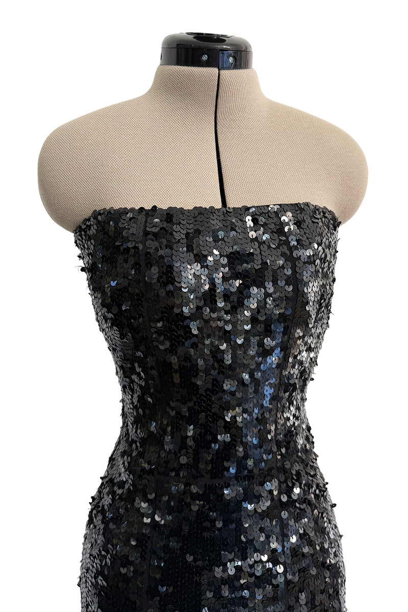 Fantastic 1980s Bob Mackie Strapless Glossy Black Sequin Stretch Dress w Back Kick Skirt
