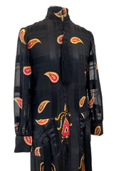 Documented Fall 1970 Valentino Printed Black Ribbon Silk Chiffon Dress w Huge Tassel Detail