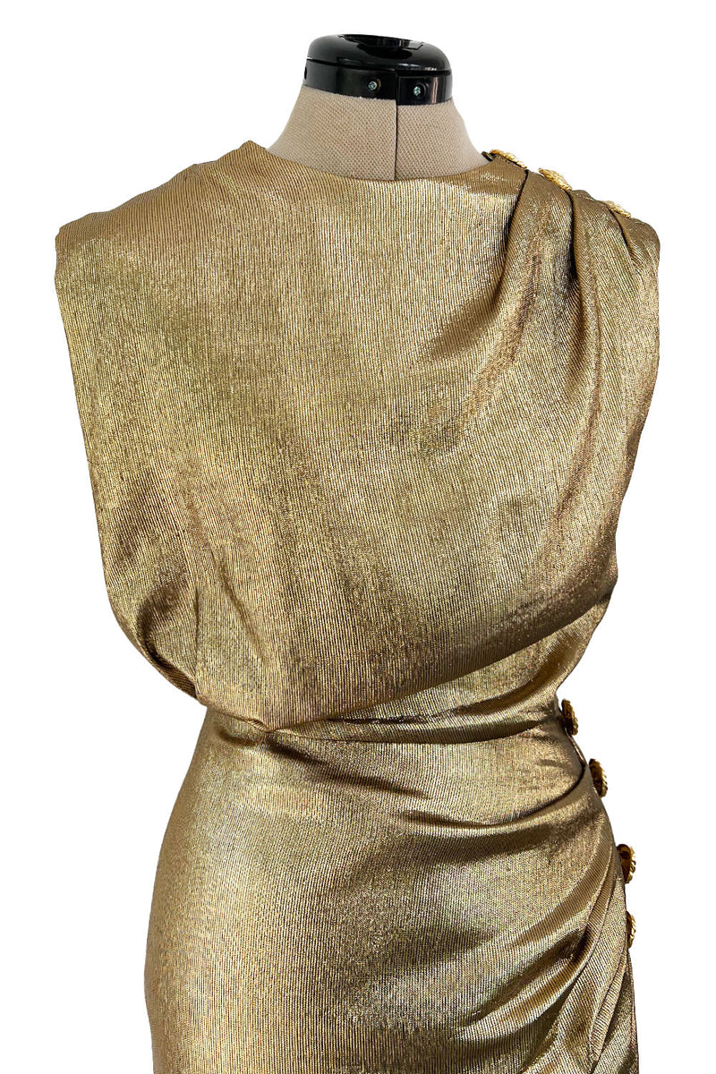 Iconic Fall 1991 Yves Saint Laurent Runway Slinky Gold Lame Dress w Gold Button Details