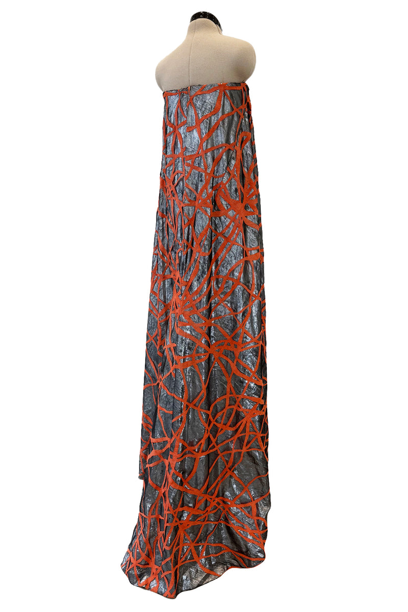 Ultra Rare 1990s Paco Rabanne Haute Couture Metallic Silver & Coral Dress w Chainlink Top & Headpiece