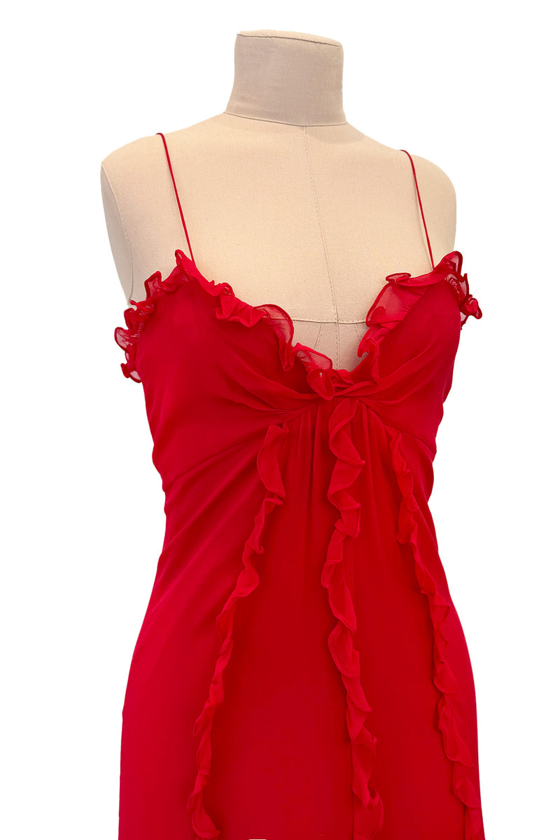 Magical 1990s Bill Blass Perfectly Minimalist Bias Cut Red Silk Chiffon Dress w Tiny Ruffle Detailing