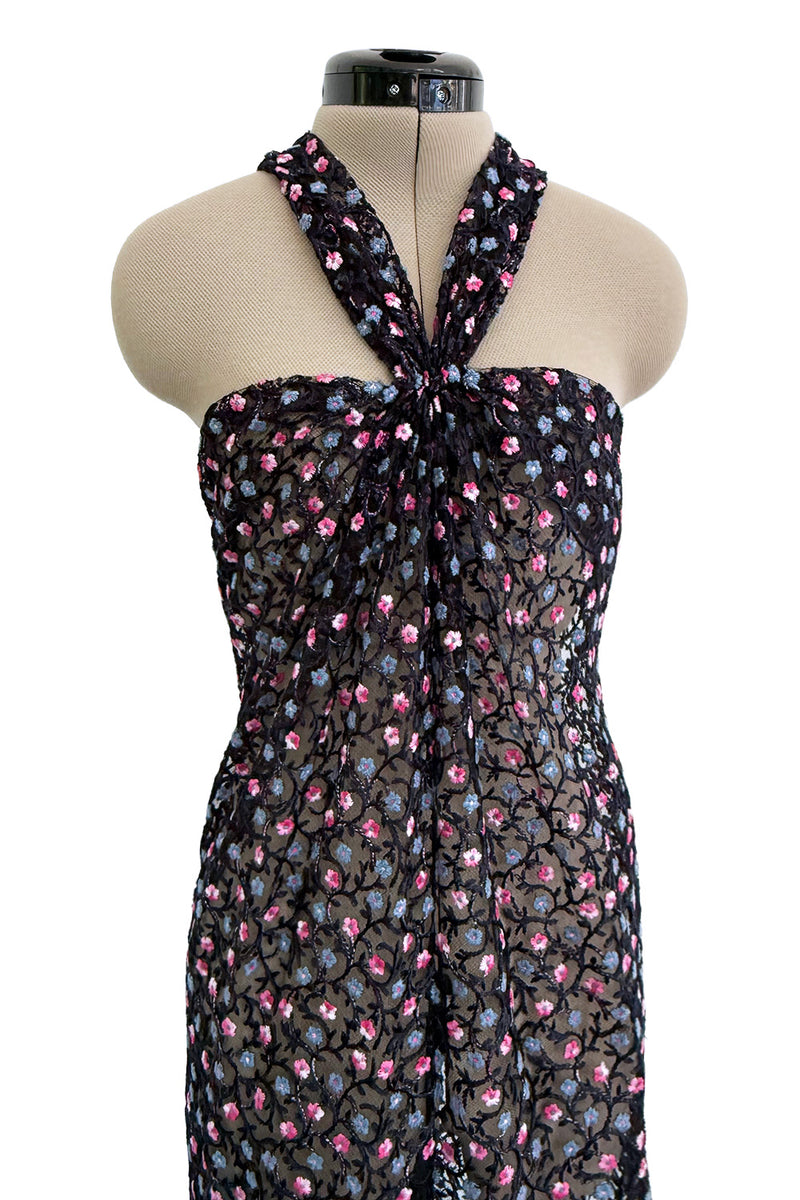 Sheer Fall 2024 Giorgio Armani Sample Deep Blue Net Dress w Embroidered Cotton Pink & Blue Flowers
