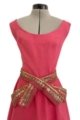 1950s Unlabeled Lanvin-Castillo Couture Elaborate Gold Beaded Pink Waffle Weave Top & Skirt