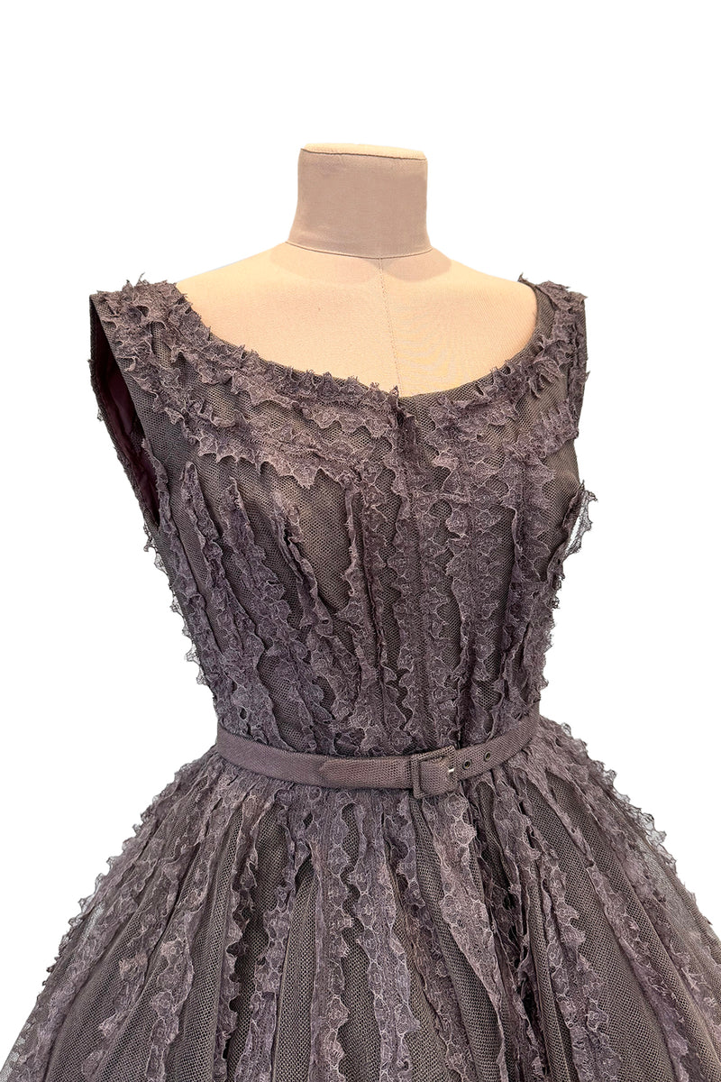 Exceptional 1950s Jacques Heim Golden Era Haute Couture Ultra Rare Purple-Gray Net & Handmade Lace Dress