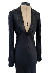 Fall 2007 Alexander McQueen Black Bias Cut Hammered Silk Dress w Beaded Collar