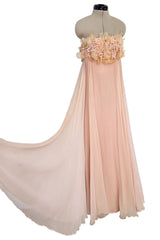Prettiest 1960s Unlabeled Pale Pink Strapless Dress w Silk Chiffon & Flower Detailed Bodice