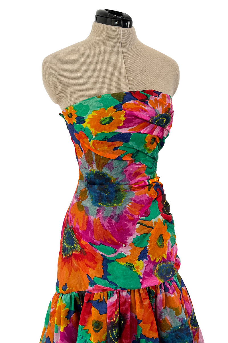 Exceptional Dated 1986 Arnold Scaasi Strapless Floral Print Silk Gazar Dress w Full Lower Skirts