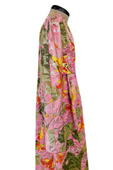 Stunning Fall 1970 Bill Blass Pink Quilted SIlk Floral Pattern Metallic Dress w Banded Waist