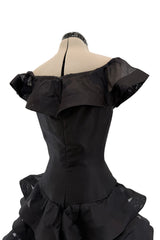 Gorgeous Spring 1992 Oscar de la Renta Runway Black Silk Organza Net Ruffled Off Shoulder Dress
