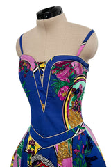 Iconic Spring 1992 Versace by Gianni Versace Jeans Couture Floral Print Full Skirt Halter Mini Dress